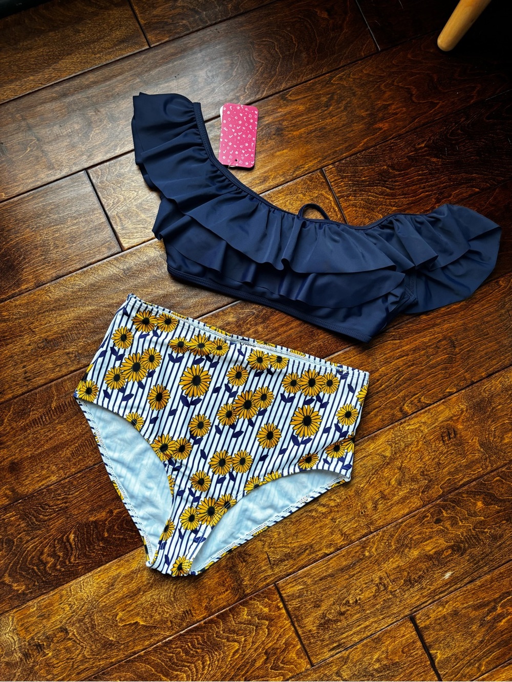 Ruffle Navy Bikini Top with Sunflower High-Waist Bottoms